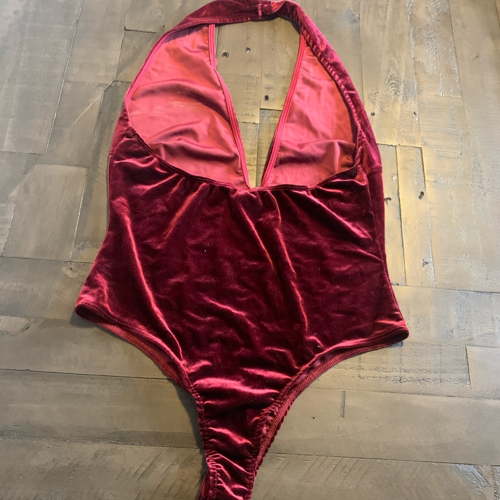 Burgundy velvet halter bodysuit